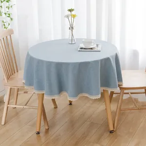 Runde Tischdecke Wasserdicht Ölbeständig Waschfrei Polyester Leinenoptik Spitzenbesatz Modern Minimalistisch Home Dekor
