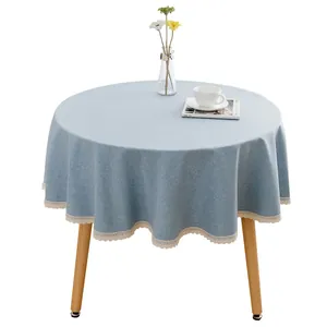 Elegante blaue runde Tischdecke mit Spitzenrand, wasserdicht in Leinenoptik