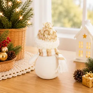 Detailed view of plush Christmas snowman ornament with a golden striped knitted hat.