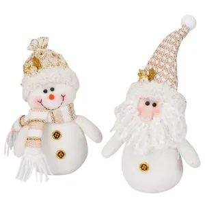 Plush Christmas snowman and Santa Claus ornaments with knitted hats and scarves.