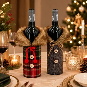Weihnachten Weinflaschenhülle Plüschfellkragen Rotes Karo Graues Fischgrätmuster Dekorative Weinhülle Für Festtisch Deko