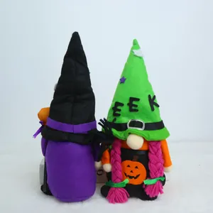 Primo piano di due gnomi di Halloween in peluche con cappelli da strega
