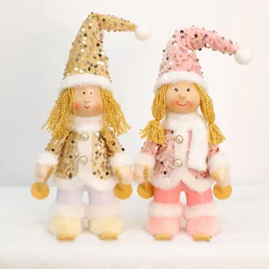 Christmas Sequin Girl Elf Doll Ornament Glitter Skiing Girl Gnome Plush Figurine For Home Holiday Window Decor Pink Gold