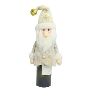 Plush Santa Claus wine bottle cover featuring a knitted hat and a decorative pearl button.