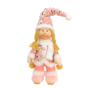 Pink sequined Christmas elf girl doll ornament for festive holiday home decoration
