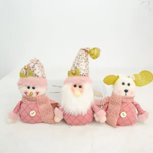 Pink Christmas Santa Plush Doll Snowman Reindeer With Sequin Hat Tabletop Window Decoration Sequin Fabric Festive Ornament