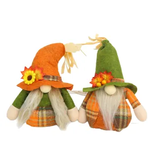 Set of two Thanksgiving faceless gnomes with sunflower and plaid hats for desktop decor