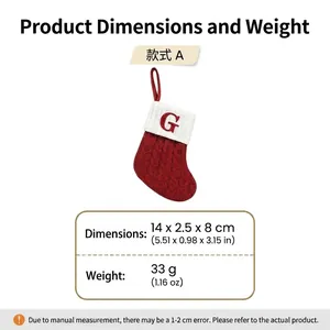 Detailed size and weight information for red knitted Christmas stocking with initial G
