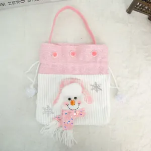 Sac Cadeau de Noël en Peluche Rose Pastel Pochette à Cordon Père Noël Renne Bonhomme de Neige 3D Sac à Bonbons Kawaii Avec Poignée