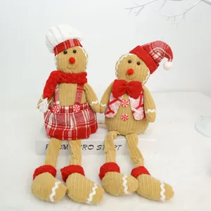 American Retro Corduroy Gingerbread Man Plush Ornaments Red Gingham Christmas Figurine Shelf Sitter For Window Xmas Decor