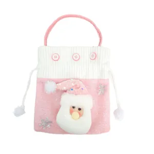 Sac de Noël en peluche rose avec Père Noël 3D et poignées à cordon élégantes
