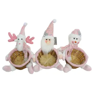Set di 3 cesti natalizi con paillettes rosa con Babbo Natale, pupazzo di neve e renna