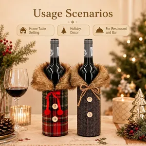 Christmas wine bottle covers with faux fur collars in plaid and herringbone patterns