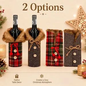 Festive Christmas wine bottle covers with faux fur collars in plaid and herringbone styles