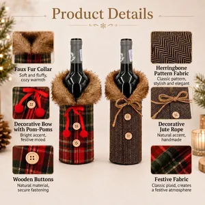 Festive Christmas wine bottle covers with faux fur collar and plaid patterns
