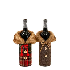 Set of 2 Christmas wine bottle covers with plaid patterns and faux fur collars