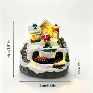 Detailed view of Christmas musical box with rotating train and glowing snow house.