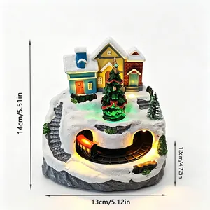 Christmas snow village scene with rotating train, LED lights, 14cm height ornament