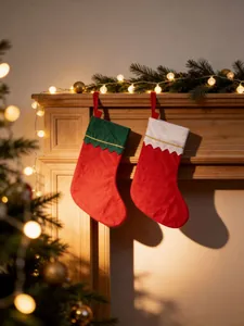 Pair of red Christmas stockings hanging on a wooden fireplace mantle with warm lights.