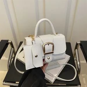 Elegant white minimalist retro handbag with gold buckle and matching mini pouch