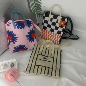 Women Knitted Mobile Phone Bag Korean Cartoon Mini Bucket Bag Checkerboard Floral Striped Crossbody Shoulder Bag Handbag