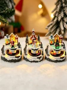 Set of 3 Christmas snow scene music boxes with rotating trains and glowing LED lights.