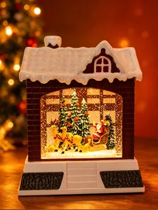 Detailansicht einer leuchtenden Weihnachts-Schneekugel-Laterne mit Weihnachtsmann-Motiv