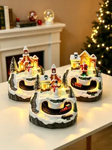 Luminous Christmas snow village ornaments with rotating trains and festive figurines