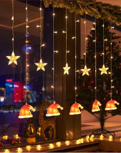 Tenda di luci LED bianco caldo con stelle e cappelli di Babbo Natale per decorazioni
