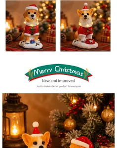 Hand-painted glowing resin Corgi Christmas ornament with warm LED lights and Santa outfit