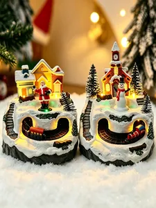 Close-up of glowing Christmas village ornaments with rotating toy trains and Santa