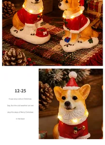 Close-up of glowing Christmas Corgi resin ornament with festive holiday background
