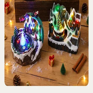 Detailed macro view of glowing resin Christmas snow village ornaments with festive LED lights