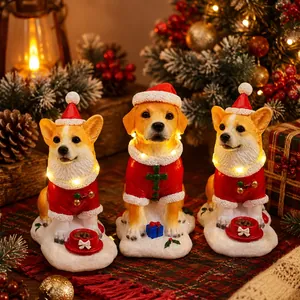 Luminous Christmas Dog Resin Ornament Corgi Golden Retriever Figure With LED Lights Music For Holiday Home Desktop Decor