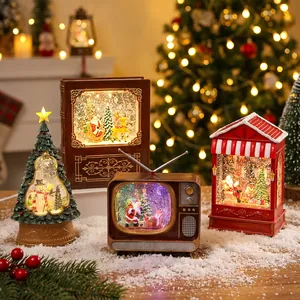 Vintage Weihnachts-Spieluhr mit Schneekugel und leuchtender Harzfigur für Deko