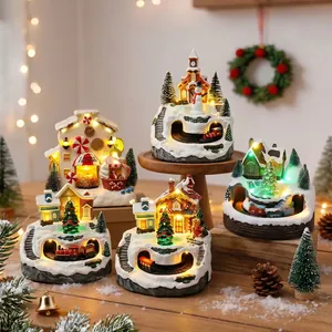 Christmas Light-up Musical Snow House Resin Ornament LED Rotating Music Box Tabletop Decoration Night Light Holiday Gift