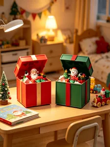 Close-up of festive red and green Christmas music boxes with Santa and Snowman figurines