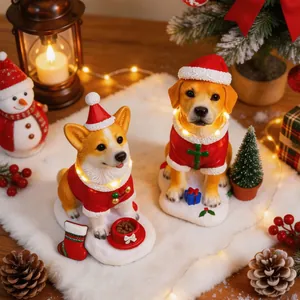 Christmas LED puppy figurines Corgi and Golden Retriever resin ornaments for desktop
