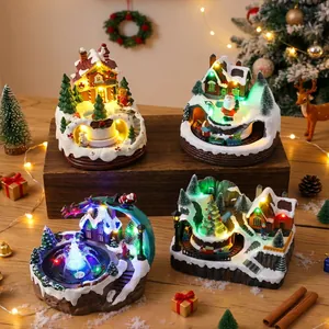 Set of 4 luminous resin Christmas snow house music boxes with LED lights for holiday decor