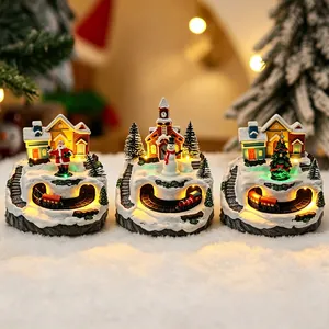 Glowing Rotating Christmas Train Ornament Snow Scene Music Box With LED Lights Santa Claus Village For Xmas Desktop Decoration