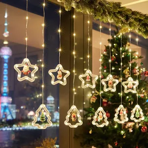 Tenda luminosa di Natale a LED bianco caldo con decorazioni a forma di stella e albero