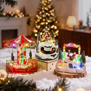 Set of three festive glowing Christmas resin music box ornaments with LED lights