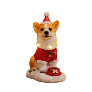 Festive LED Corgi dog resin figurine with Santa hat and glowing warm Christmas lights