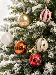 Nahaufnahme von festlichen Weihnachtskugeln mit Schneeflocken- und Streifenmustern am Baum