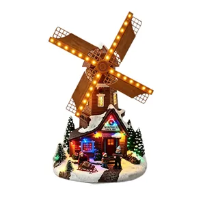 Lighted Christmas snow house resin windmill ornament with LED lights for holiday decor
