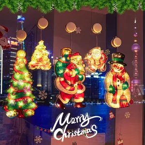 Festive set of 5 LED Christmas window hanging lights with Santa and Snowman designs