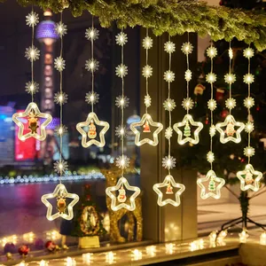 Luci di Natale a LED bianco caldo a tendina con ciondoli a stella e fiocco di neve per finestre