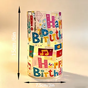 Vista detallada de una vela LED Happy Birthday de 15cm con dimensiones gráficas.