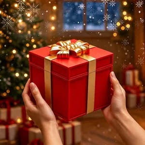 Red Christmas gift music box with golden ribbon held in a festive holiday setting