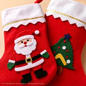 Grandes chaussettes de Noël rouges avec appliques 3D Père Noël et sapin en feutre sacs